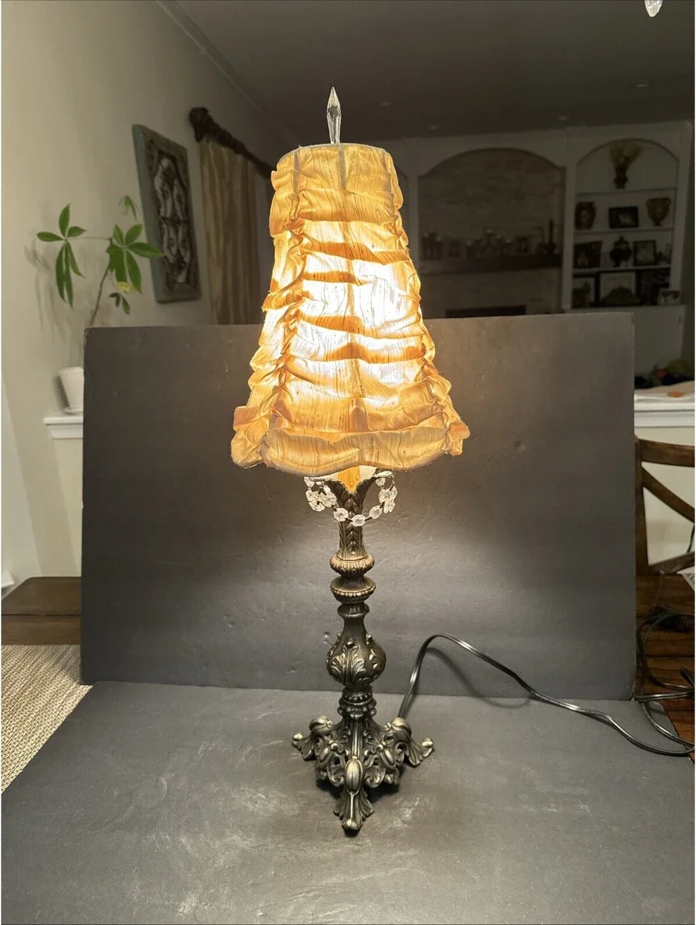 Vintage Silk Tufted Shade Ornate Brass Base With Crystals 26” To Shade Gorgeous